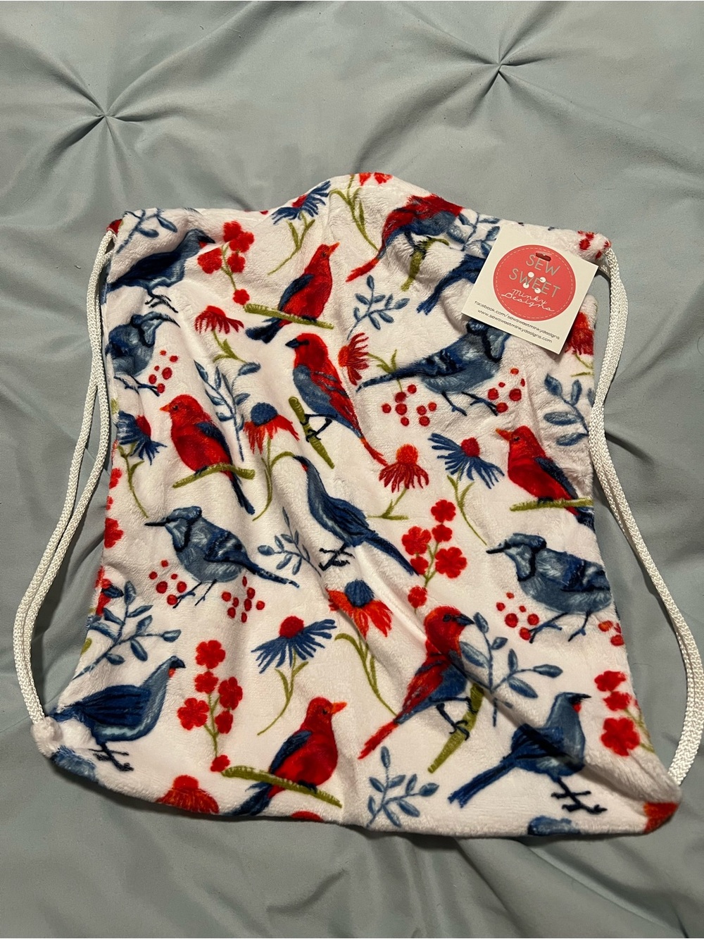 Kids bird Print Drawstring Backpack - Red & Blue on White